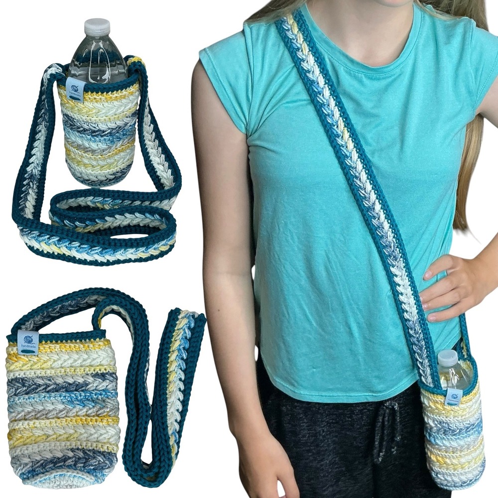 Handmade Multicolor Crochet Water Bottle Holder Bag Wheat Stitch Boho Crossbody